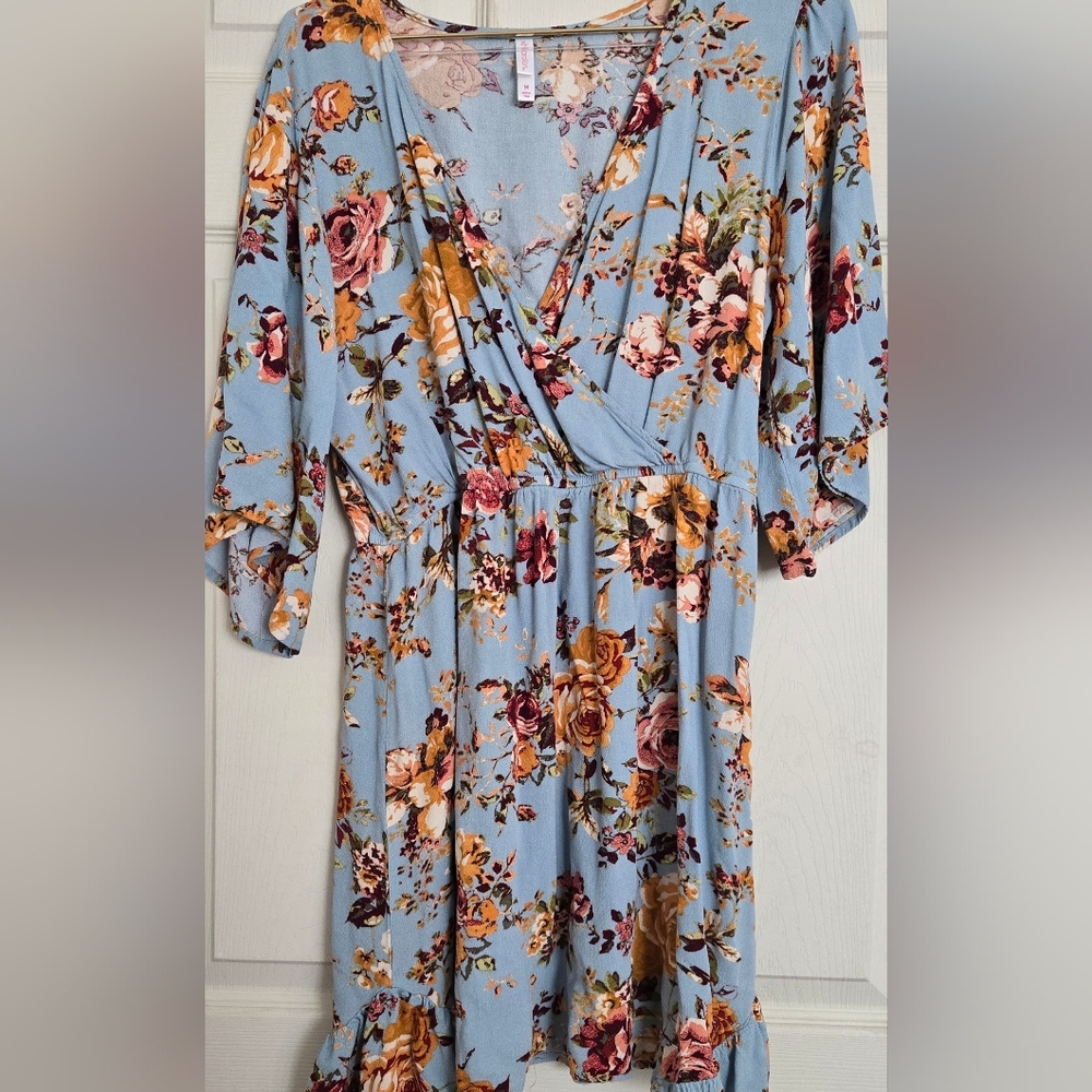 Xhilaration Target Floral Faux Wrap Mini Dress in Blue Bell Sleeves Size Medium